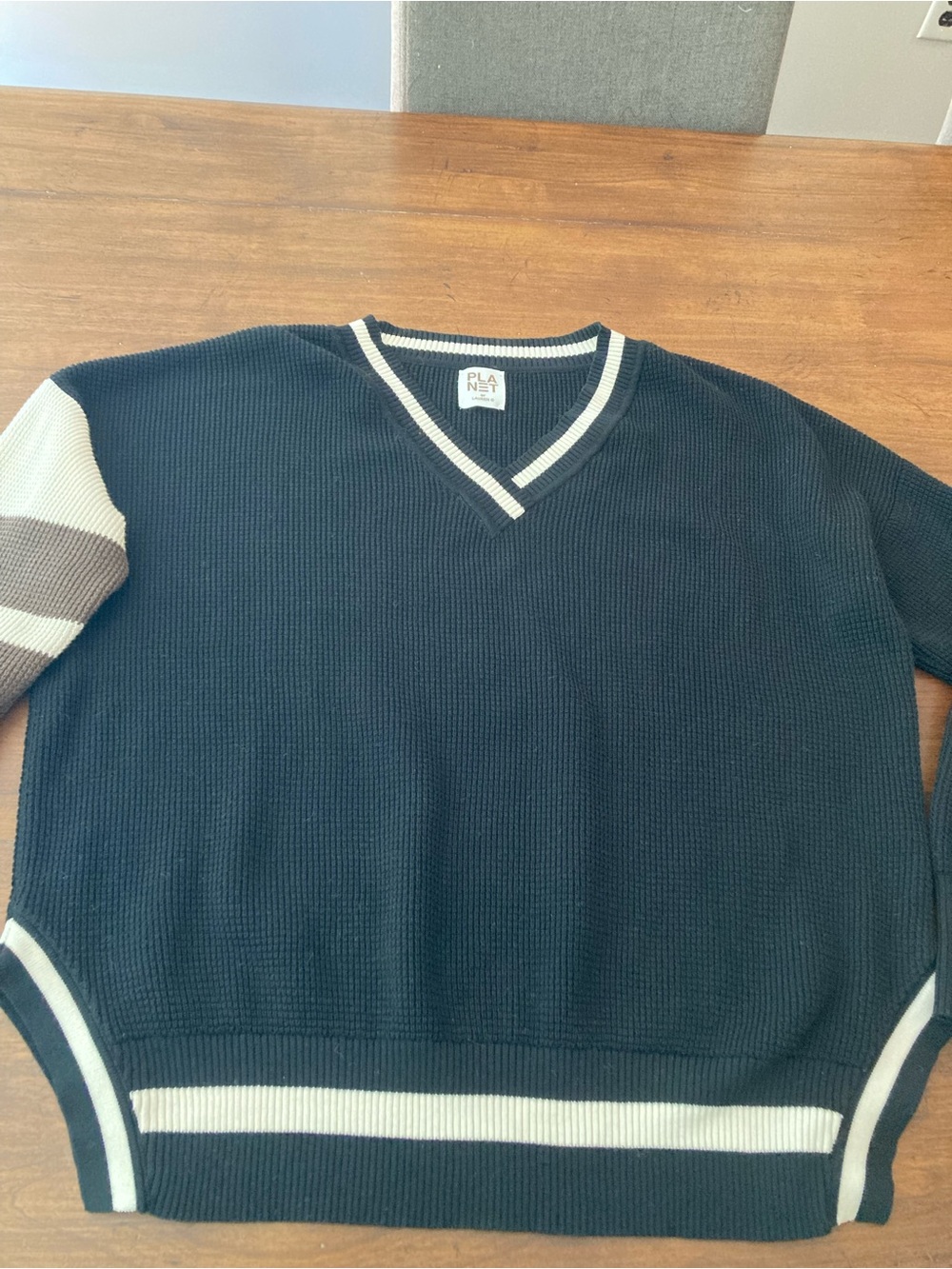 Planet by Lauren G Black V-Neck Sweater with Cream Trim - Picture 2 of 8